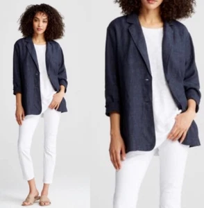 Eileen Fisher Navy Linen Blend 3 Button Notched Collar Blazer Sz Small NWOT - Picture 1 of 9