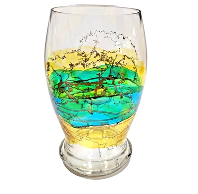 Retro Mouth Blown Clear Glass Vase Yellow Blue Gold Drizzle Made in Romania - Image 1 of 4