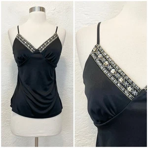 Tank vintage anni 90 Y2K punta cami nero perline ricamato capriccioso gotico medio M - Foto 1 di 13