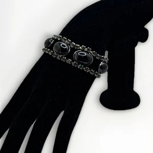 Silver Tone Rhinestone Black Round Faux Onyx Bracelet 7” - Picture 1 of 4