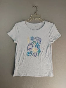 Top donna Ann Taylor Loft blu medio conchiglie manica corta casual grafica T - Foto 1 di 8