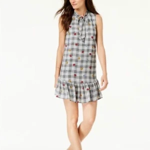 Maison Jules Ruffle Flounce Hem Black & White Plaid Floral Dress Size S NWT - Picture 1 of 7