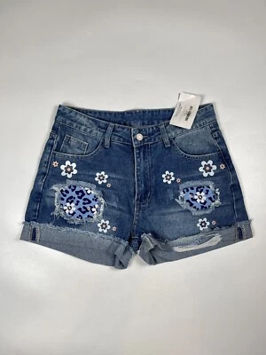 NUEVO CON ETIQUETAS Pantalones Cortos Denim Corte Envejecidos Gráficos Florales Talla Pequeña 29x2” Entrepierna Boho Hippy Foto 1 de 4