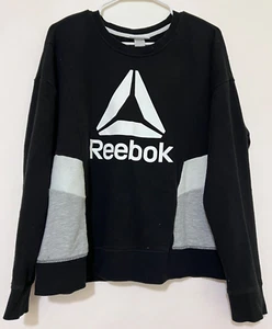 Reebok Womens XL Color Block Logo Black Crew Neck Sweatshirt Polyester White - Picture 1 of 5