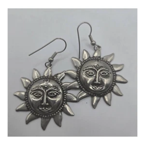 Pendientes colgantes vintage de metal plateado cara solar sonriente años 90 - Imagen 1 de 4