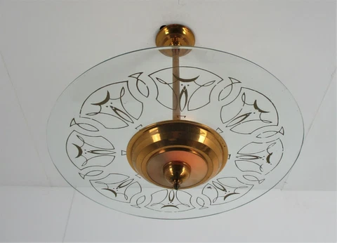 French Art Deco lounge Chandelier Pendant Art Glass Red Copper Fixture Antique Cover