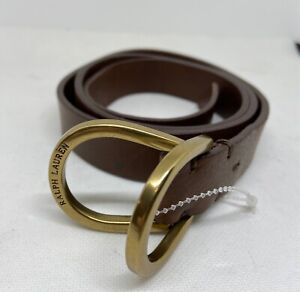 Vintage Polo Ralph Lauren Brown Leather Belt Brass D-Ring Engraved RL Buckle 36