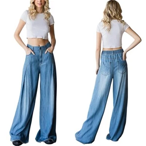 Oli and Hali Chambray Blue Wide leg Boho Palazzo Tencel Jean Pants Festival NWT - Picture 1 of 16