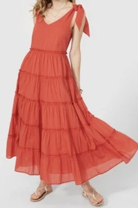 BNWT Mantaray Dress Tie Strap Tiered Red Cotton UK 18 Long Aline Flare Holiday - Picture 1 of 5