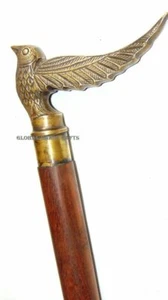Bastone da passeggio in legno stile vintage manico testa uccellino volante ottone nautico - Foto 1 di 4