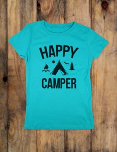 Happy Camper Tent Trees Camping Tee - Youth Girls Slim Fit Soft Shirt - Picture 1 of 3