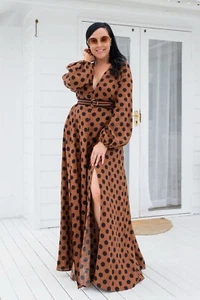 Vestido largo dividido Zimmermann Juno cuello en V lino lunares punteados marrón cremallera talla 1 S - Imagen 1 de 24
