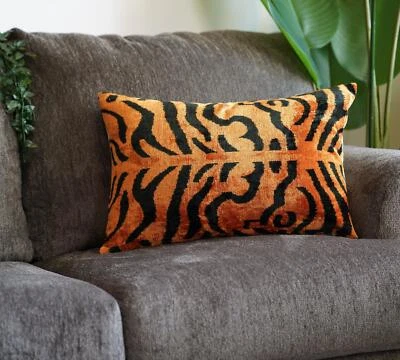 Canvello Handmade Tiger Print Velvet Throw Pillow with Down Insert - 16X24 in - Image 1 of 4