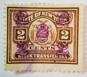 Stato di New York ~ timbro fiscale trasferimento stock ~ 2 ¢ timbro rettangolare marrone ~ c.1936 - Foto 1 di 6
