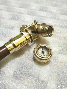 Walking Stick With Telescope Compass Brass Handle Vintage Antique Wooden Cane - Picture 1 of 4