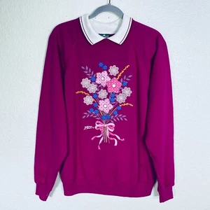 Vintage Sweater Women Large Floral Puff Graphic Collared Grannycore CottageCore - Picture 1 of 13