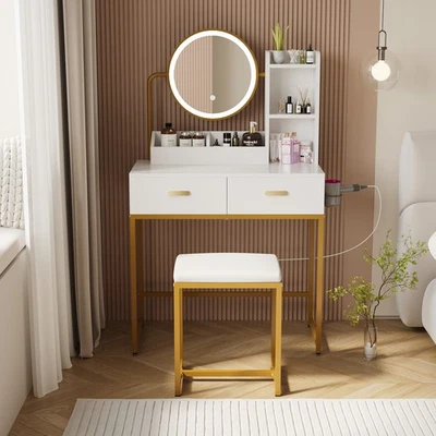Vanity Dressing Table Set LED Light Mirror Stool Shelves Drawers Modern Gold - Image 1 of 4
