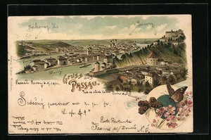 Lithographie Passau, Ortsansicht aus der Vogelschau - Picture 1 of 2