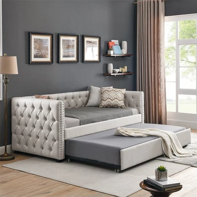 Twin Size Daybed with Trundle Upholstered Tufted Sofa Bed w/Button/Copper Nail  - Image 1 of 4