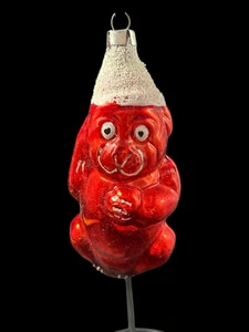 Antico Orsacchiotto Vetro Soffiato Rosso Cappello Gregge Bianco Ornamento Natale Germania - Foto 1 di 8
