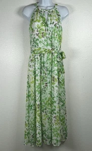 DKNY Dress Womens 10 Green Floral Maxi Keyhole Neckline Sash Tie Wedding Brunch - Picture 1 of 23