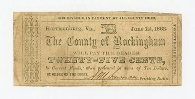 1862 25c The County of Rockingham - Harrisonburg, VIRGINIA Note - Image 1 of 2