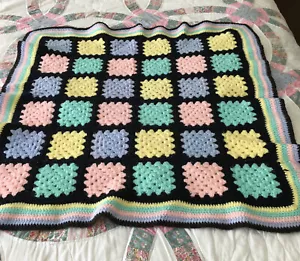 VTG hand crocheted baby blanket pink blue yellow green 32”x32” - Picture 1 of 2