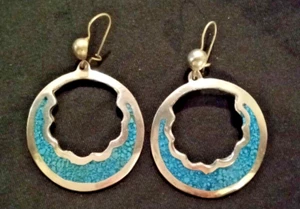 Sterling Silver round hoop earrings with Turquoise inlay. - Picture 1 of 4