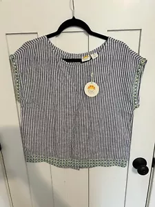 C&C California Linen Blue White Striped Cap Sleeve Embroidered Top Size S NWT - Picture 1 of 6