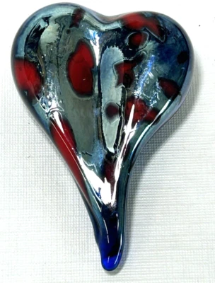 Poland RYNKIEWICZ Signed Blue Red Hearts  Glass Heart Paperweight Sculpture - Image 1 of 4
