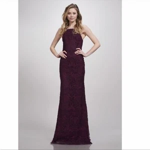 THEIA BRIDESMAIDS Hayley Lace Maxi Dress Sz 8 Aubergine Plum Purple Formal Gown - Picture 1 of 12
