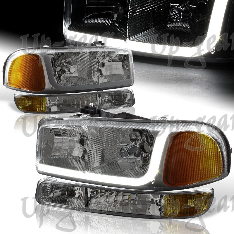 适用于 99-06 GMC Sierra 1500 2500 DRL LED 烟琥珀色车头灯+保险杠 4 件 — 第 1/4 张图片