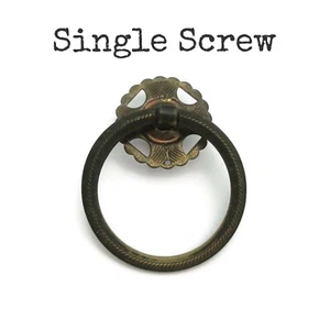 Vintage Drawer Ring Pull Aged Brass Color Metal with Ornate Backplate L38c - Picture 1 of 7