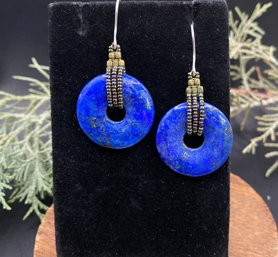Винтажный ремесленник юго-запад бисер, лазурит пончик, висячие серьги - Изображение 1 из 4
