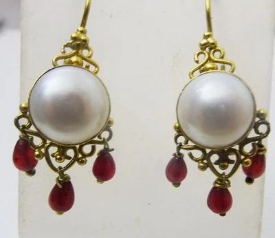 Handmade 18 karat Gold Pearl and Ruby Earrings - Image 1 of 4