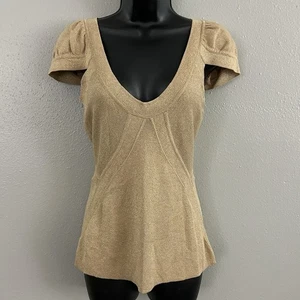 MODA International Metallic Gold Knit Top Size L Silk Blend Y2K Glam Deep V-Neck - Picture 1 of 7