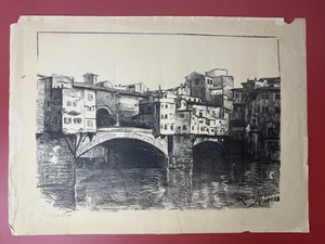 Sofia Chiostri (1898-1945) signierter Druck Florenz Italien Brücke - Bild 1 von 11