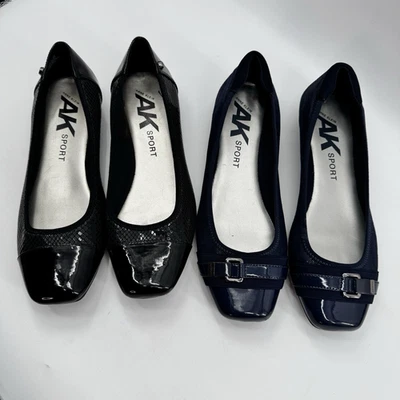 2 Anne Klein Sport Ballet Flats 9 Black Navy Buckle Snake Herringbone Patent - Image 1 of 4