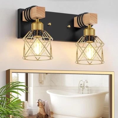 Apliques de pared de baño de madera de estilo rústico, luz de tocador de baño de 2 luces negro dorado Foto 1 de 4