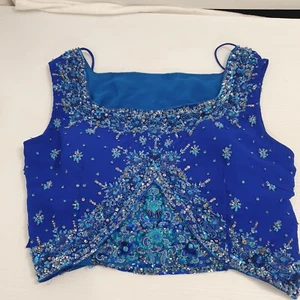 Indian Blue Beaded Saree Top Fit Small W 26 Bust 32 - Picture 1 of 5