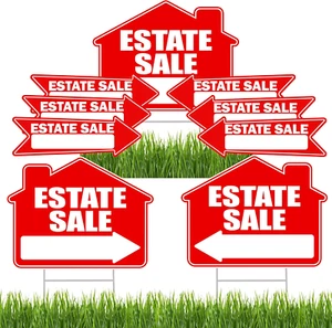 9PC Estate Sale Yard Sign Double Sided with Stake Large 17" by 13" Arrows - Picture 1 of 1