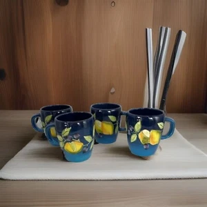 Gates Ware by Laurie Gates set of 4 MUGS Cobalt Blue 16 Oz. Lemons - Picture 1 of 7