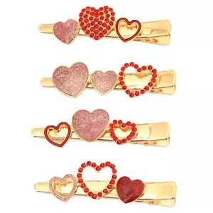 4Pcs Valentine'S Day Heart Hair Clips Red Rhinestone & Pink Glitter Heart Hai... - Picture 1 of 7