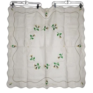 Vintage Leinen Tischdecke weiße Distel Blumen gerippte Kanten 36" qm off weiß - Bild 1 von 7