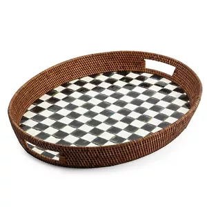MacKENZIE CHILDS COURTLY CHECK RATTAN AND ENAMEL PARTY SERVINGTRAY BNIB - Picture 1 of 12