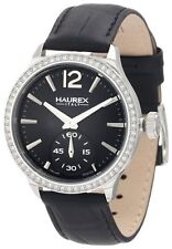 Haurex Italy Womens FS341DNN Grand Class Crystal Bezel Black Leather Band Watch 