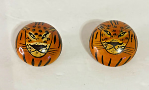 Hand Painted Tiger Circle Button Earrings Pierced Vintage 1 ¼" LSU