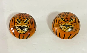 Hand Painted Tiger Circle Button Earrings Pierced Vintage 1 ¼" LSU - Picture 1 of 6