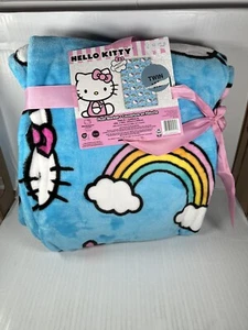 HELLO KITTY Pastel Rainbows & Hearts Blue Plush Throw Blanket Twin XL 60 x 96" - Picture 1 of 3