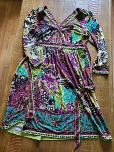 iCE Colorful Boho Dress Size L Belted Purple Green Stretch Floral Paisley - Bild 1 von 5